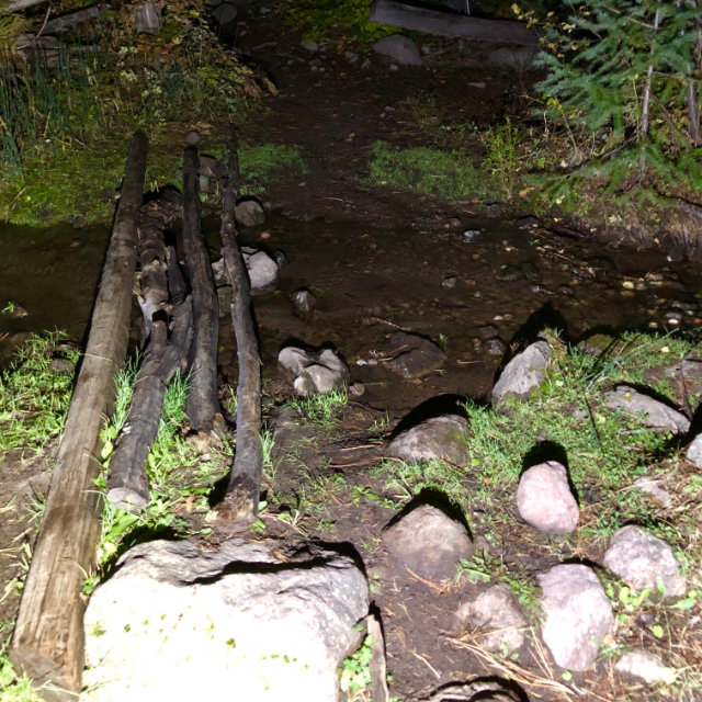 A photo of a trail lit by a waist light.